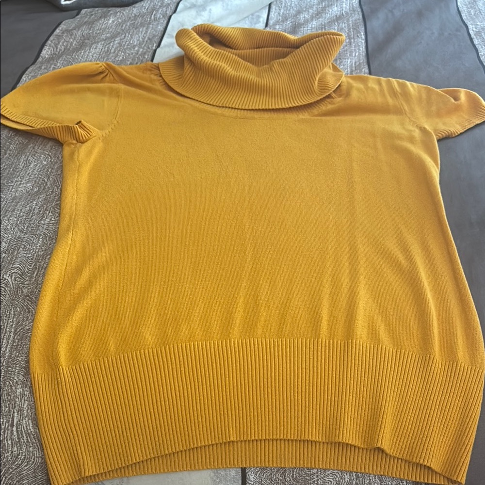 One A Yellow Cowl Neck Sweater Ribbed Knit Short Sleeves